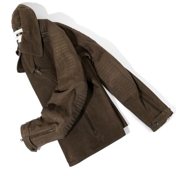Joseph Abboud Nubuck Leather Ribbed Moto Biker Jacket Dark Brown Minimal Large - Picture 3 of 8